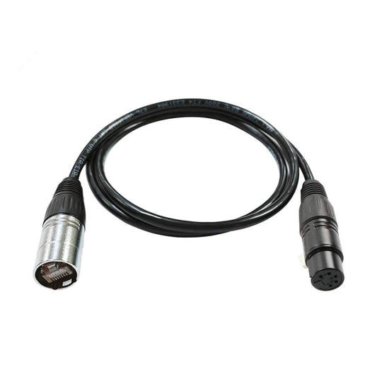 Waterproof YT-RJ45 EtherCON male connector and 5-pin XLR female plug on a heavy-duty black industrial cable.