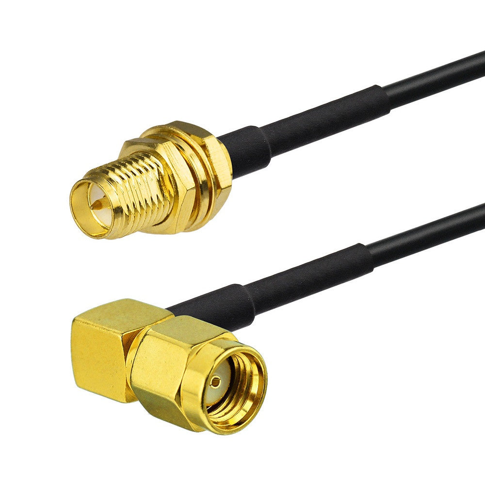 RP-SMA female bulkhead to RP-SMA male right angle RG316 RF coaxial cable assembly, side view