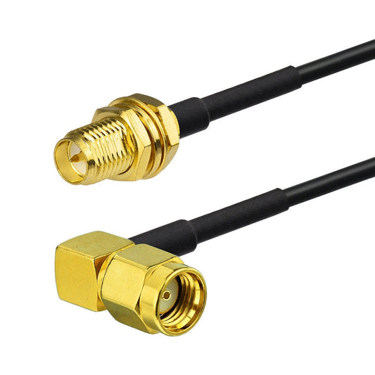 RP-SMA female bulkhead to RP-SMA male right angle RG316 RF coaxial cable assembly, side view