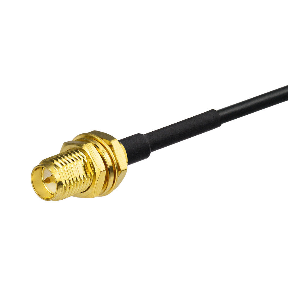 RP-SMA female bulkhead to RP-SMA male right angle RG316 RF coaxial cable assembly, RP SMA female plug view
