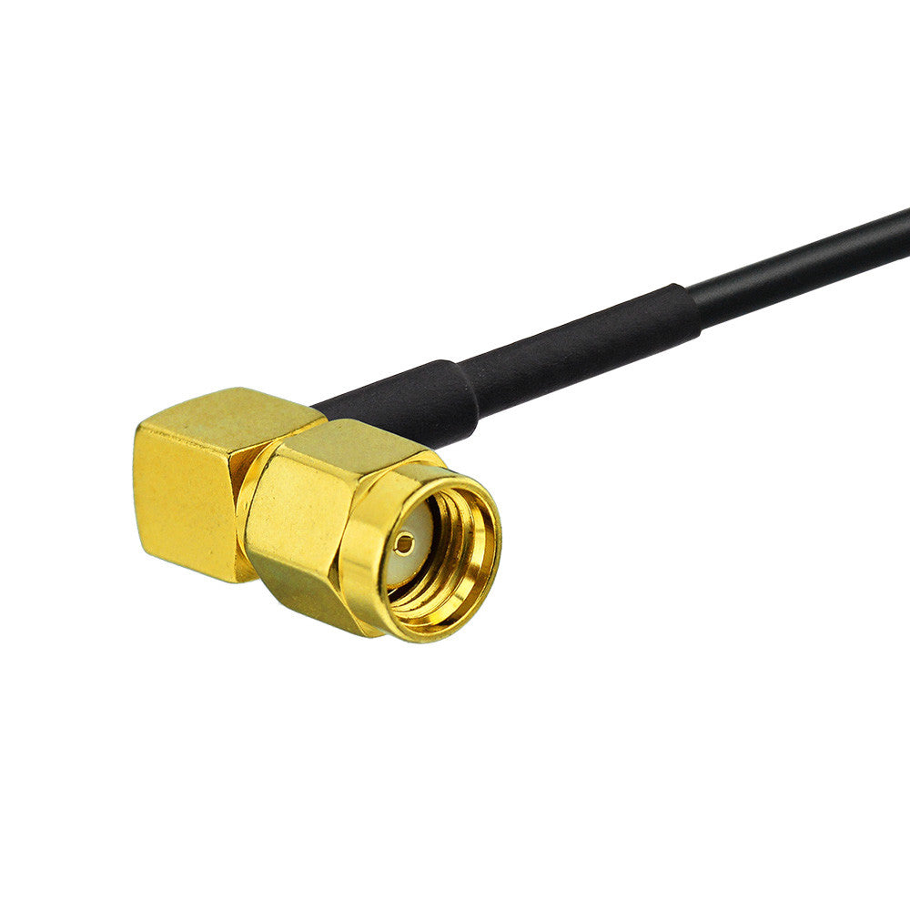 RP-SMA female bulkhead to RP-SMA male right angle RG316 RF coaxial cable assembly, RP-SMA plug view