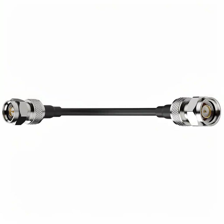 Coaxial cable with N-type connectors male on both end on a white background