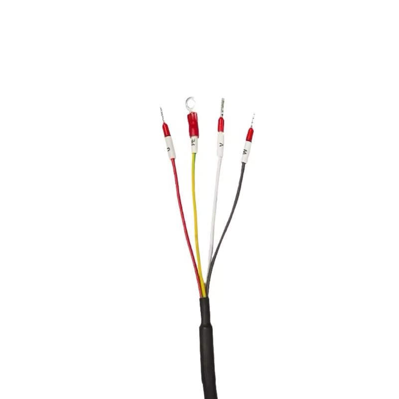 Industrial black servo power cable with a 6-pin rectangular latching connector and labeled U, V, W, and PE terminal leads.