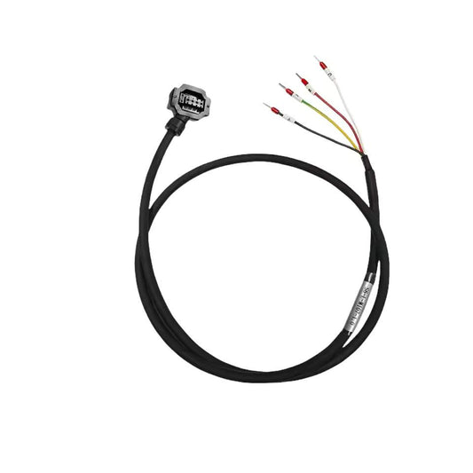 Industrial black servo power cable featuring a 6-pin rectangular latching connector and labeled U, V, W, and PE wire leads.