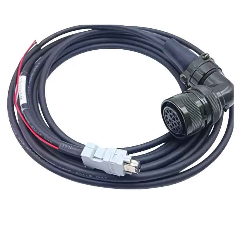 Industrial black encoder cable with a right-angle 20-pin circular connector and a grey 6-pin IEEE 1394 drive connector.
