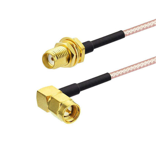 SMA female bulkhead to SMA male right angle RG316 RF coaxial cable, plug view