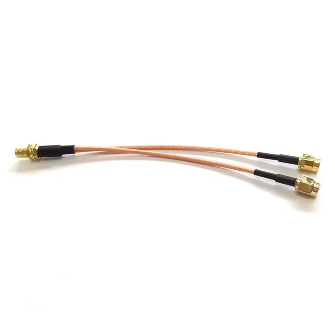 SMA female jack to dual SMA male RG316 RF coaxial cable assembly, side view