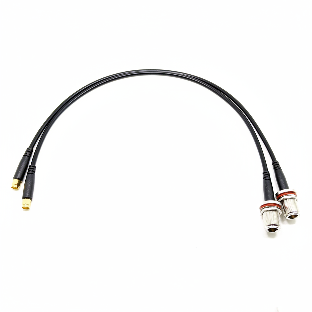 SMA male to N-Type female bulkhead LMR200 RF coaxial cable assembly, top view