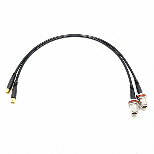 SMA male to N-Type female bulkhead LMR200 RF coaxial cable assembly, top view