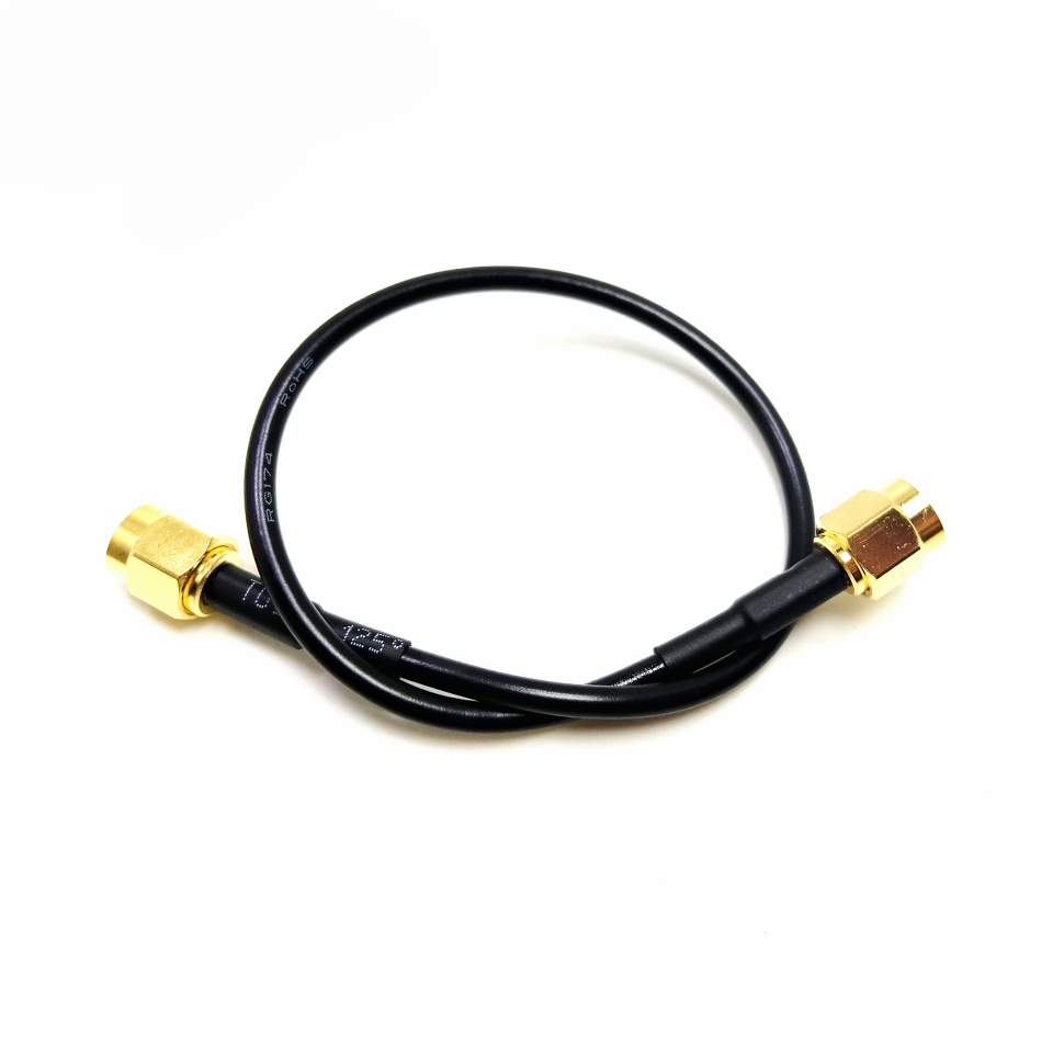 SMA male to SMA male RG174 RF coaxial cable assembly, top view