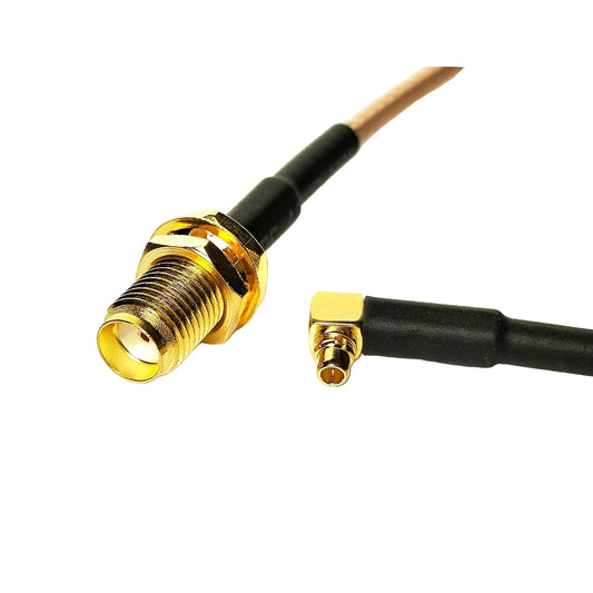 SMA female bulkhead to MMCX male right angle RG316 RF coaxial cable assembly, top view