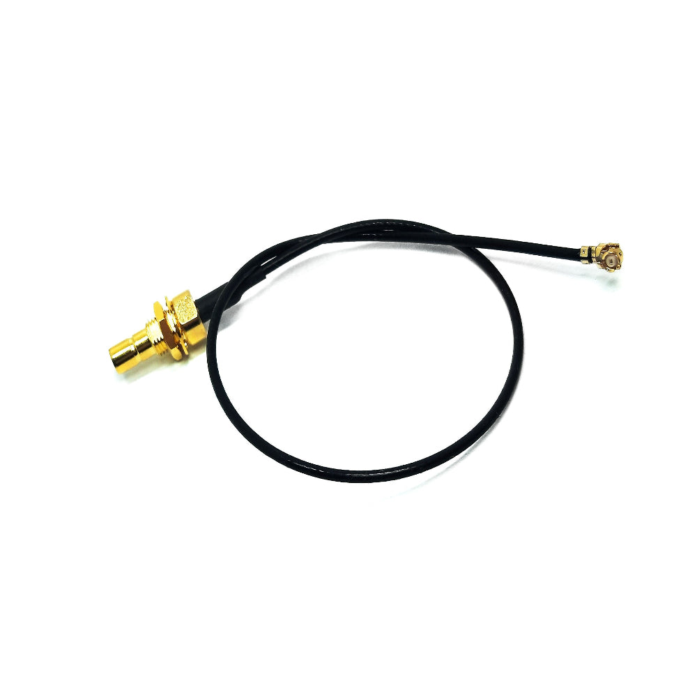 SMB female bulkhead to U.FL 1.37mm low-loss RF coaxial cable assembly top view