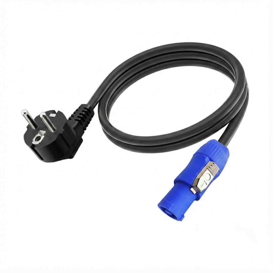 European Schuko CEE 7/7 power plug connected to a blue NAC3FCA Powercon locking connector with heavy-duty black cable.