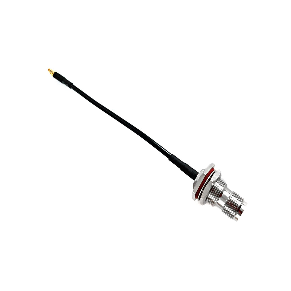 TNC female bulkhead to MMCX male right-angle RG174 RF coaxial cable assembly, top view