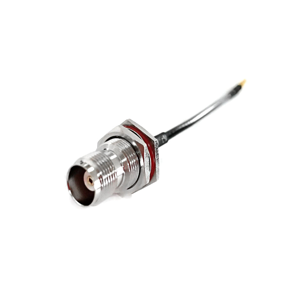 TNC female bulkhead to MMCX male right-angle RG174 RF coaxial cable assembly, TNC female view