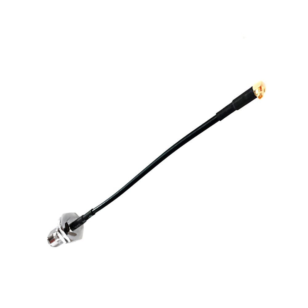 TNC female bulkhead to MMCX male right-angle RG174 RF coaxial cable assembly, MMCX male right-angle view