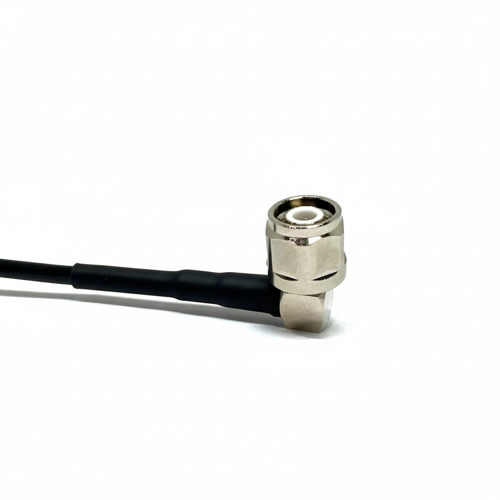 TNC male to TNC male right-angle RG58 RF coaxial cable assembly, TNC male right-angle view