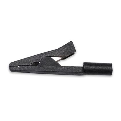 TW-210Q mini insulated alligator clip, 1.63-inch length, connects to 0.08” pin tip probes or 2mm banana plugs, Black Color, Side view