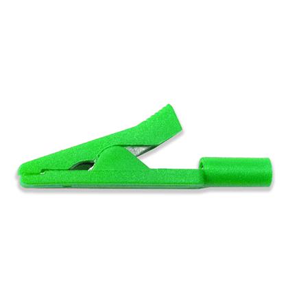 TW-210Q mini insulated alligator clip, 1.63-inch length, connects to 0.08” pin tip probes or 2mm banana plugs, Green Color, Side view