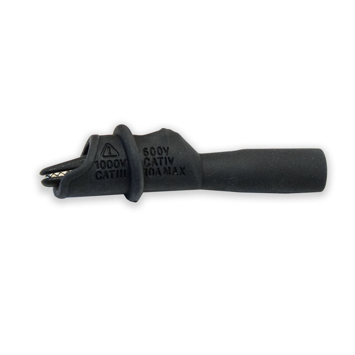TW-237 fully insulated standard alligator clip, compatible with 4mm shrouded, unshrouded, or retractable banana plugs, fits Mueller BU-126, Black color, side view