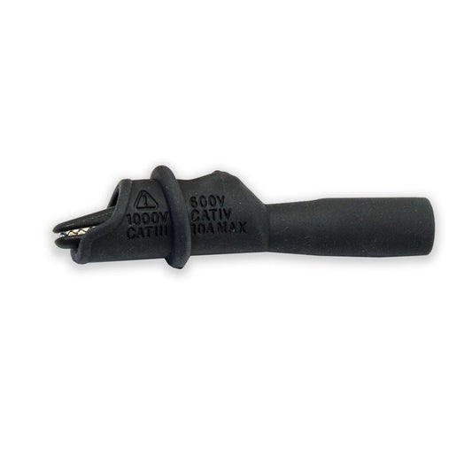 TW-237 fully insulated standard alligator clip, compatible with 4mm shrouded, unshrouded, or retractable banana plugs, fits Mueller BU-126, Black color, side view