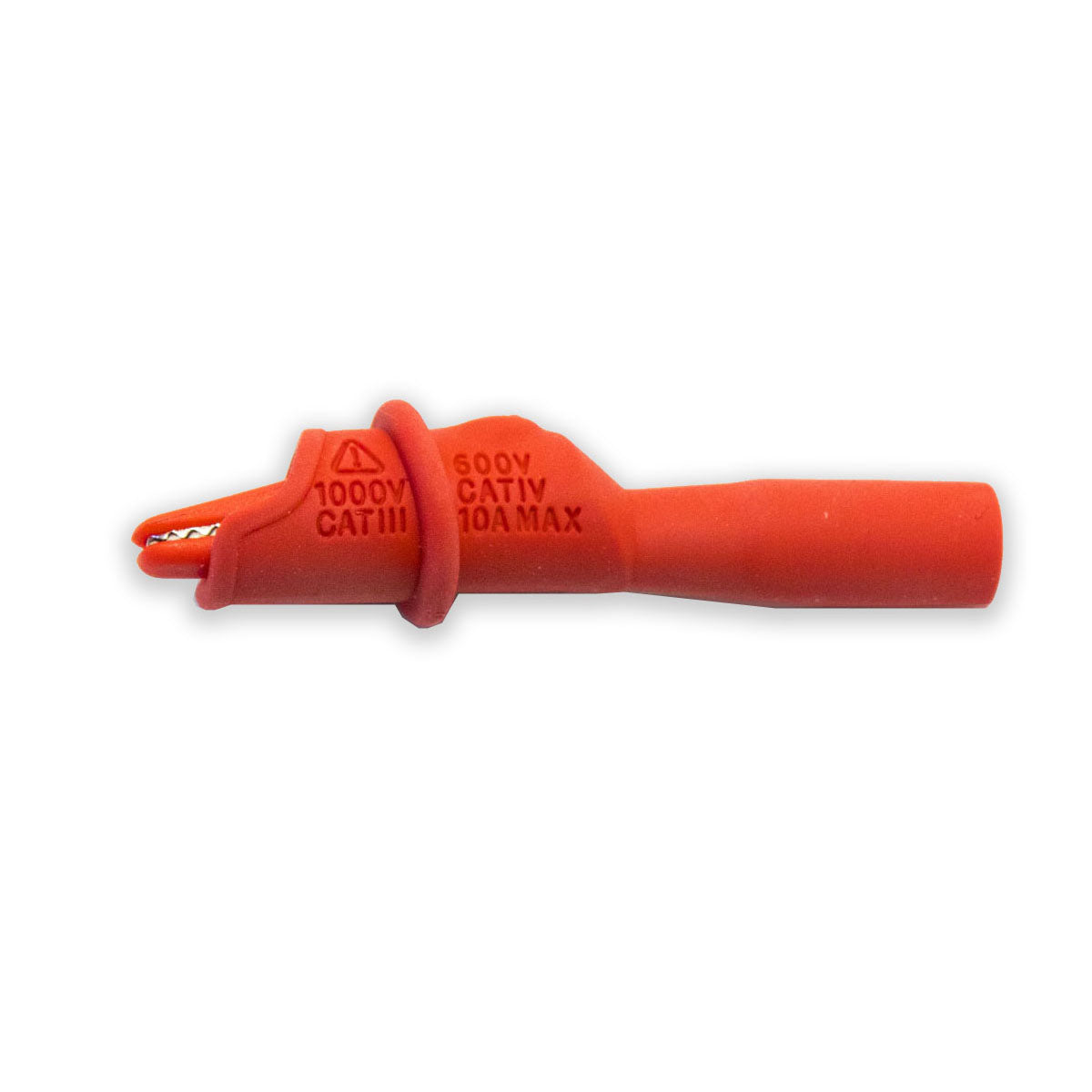 TW-237 fully insulated standard alligator clip, compatible with 4mm shrouded, unshrouded, or retractable banana plugs, fits Mueller BU-126, Red color, side view