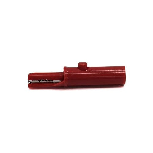 TW-272 fully insulated push-button alligator clip for medical applications, 4mm banana connection, red Color, side view