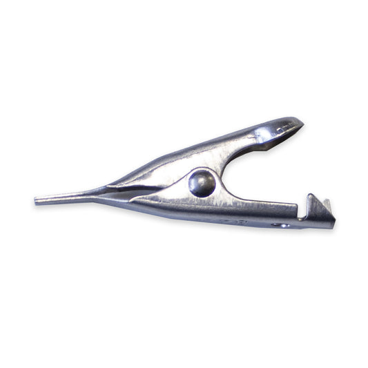 TW-45 micro steel alligator clip with smooth jaws, connects up to 18 AWG via solder or crimp, compatible with Mueller BU-34, Side view