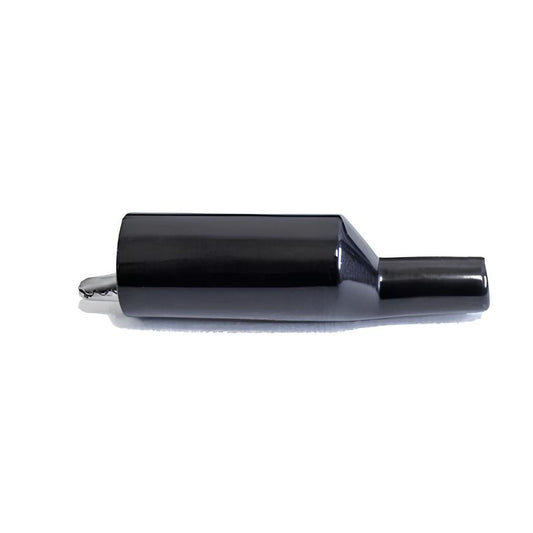 TW-71E-1 stainless-steel alligator clip with PVC insulator, compatible with 4mm banana plugs. Black color, side view