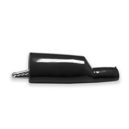 TW-71GYL alligator clip with flexible PVC insulator and 8-32 threaded barrel for probe tip connection, Black Color, Side view