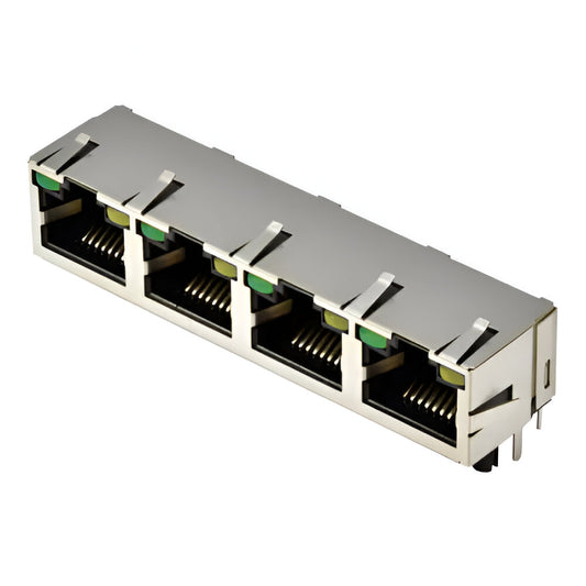 1x4 RJ45 jack connector without transformer Tab up - with Green/ Yellow Leds - Main View