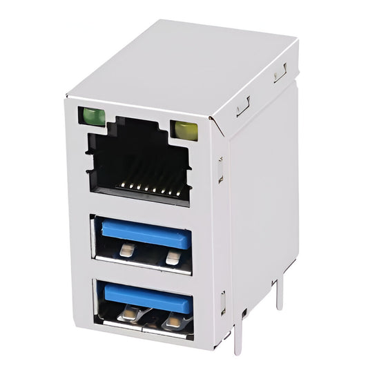 RJ45 jack connector with Dual USB 3.0 & Gigabit transformer Tab up - with Green/ Yellow Leds - Main View