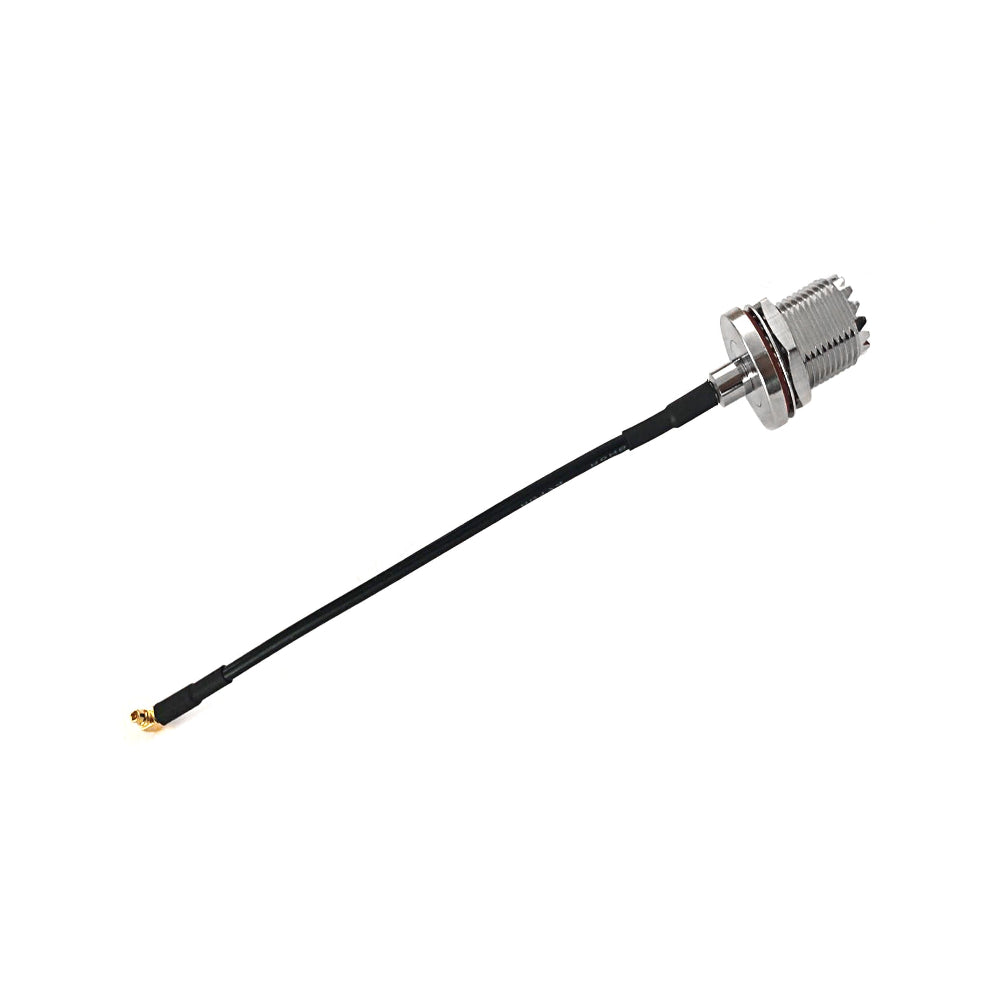 UHF female bulkhead to MMCX male right angle RG174 RF coaxial cable assembly, top view