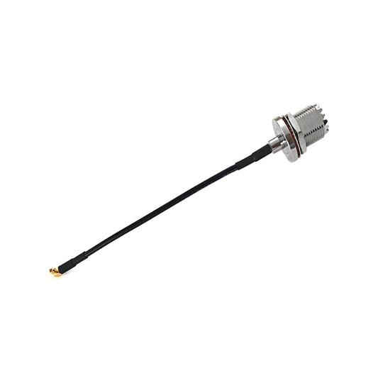 UHF female bulkhead to MMCX male right angle RG174 RF coaxial cable assembly, top view