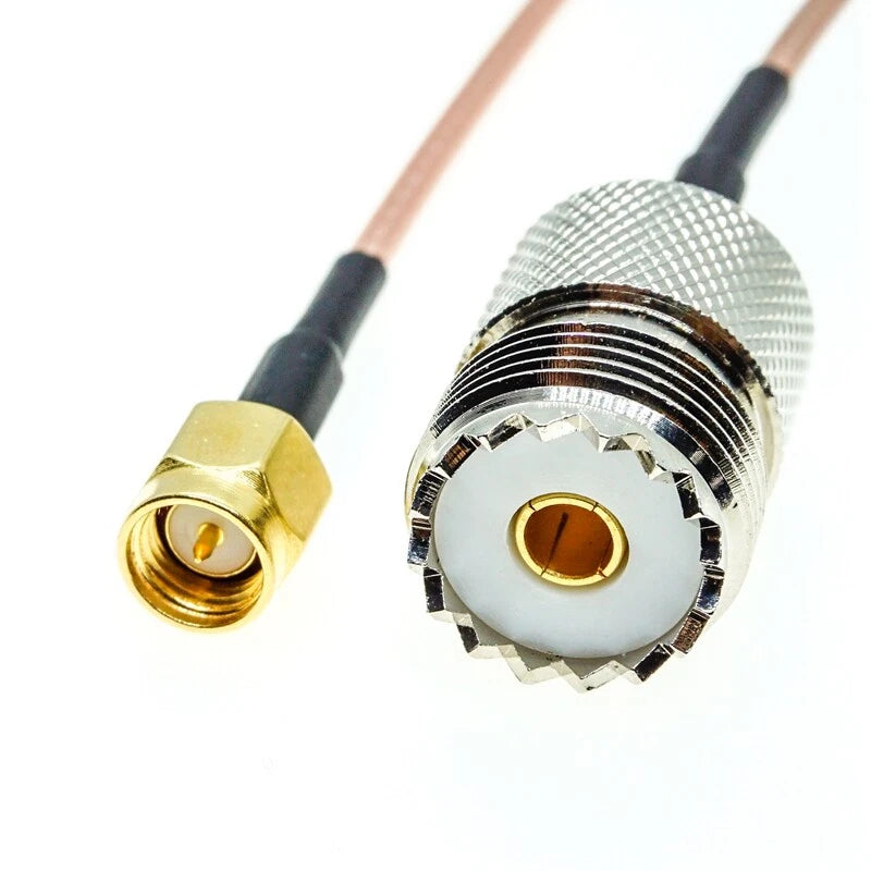 UHF SO239 female to SMA male RG316 RF coaxial cable assembly, plug view