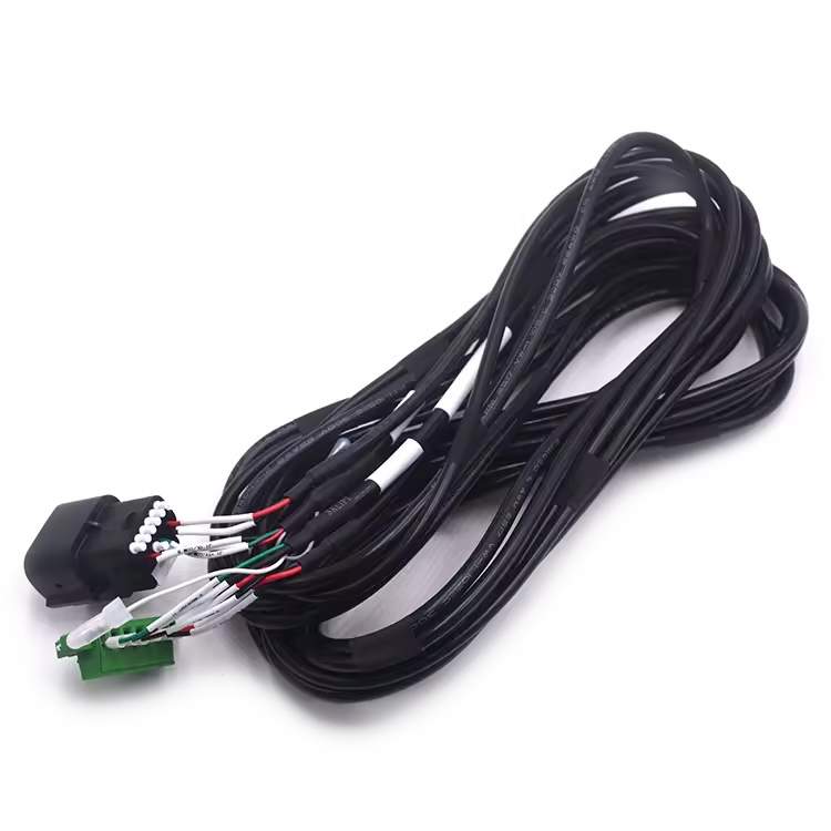 Custom UL2517 wire harness featuring a green pluggable terminal block and black automotive-style connector.