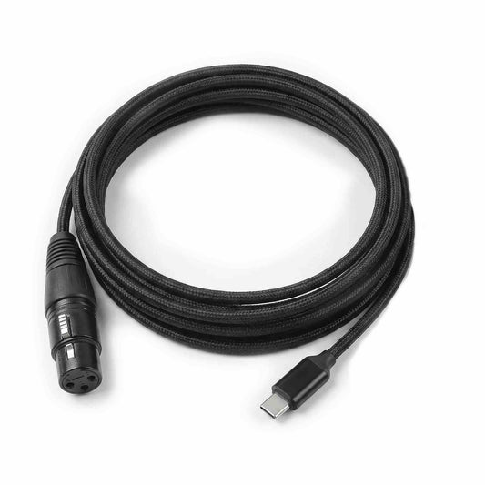 USB-C to 3-pin XLR female audio interface cable with a durable black braided jacket and ruggedized connectors.