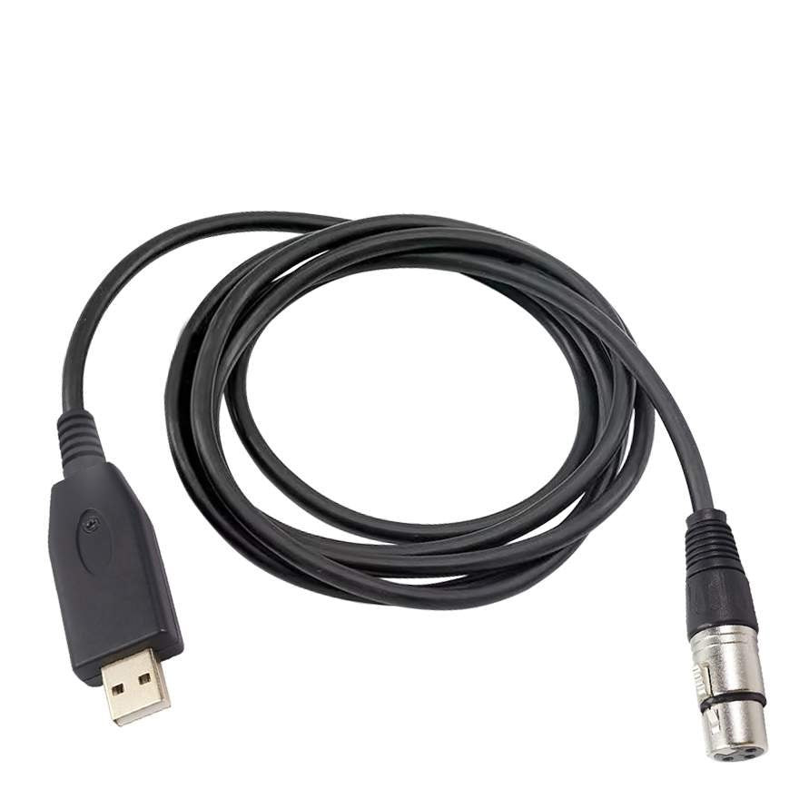 USB 2.0 Type-A to 3-pin XLR female audio converter cable with a black shielded jacket and zinc alloy connector.