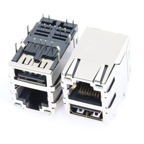 TWU4212AGNL, 100 Base RJ45 Modular Jack with Single USB with Transformer Tab Up with Yellow/ Green Led - front view