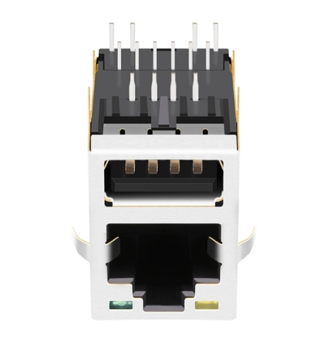 TWU4212AGNL, 100 Base RJ45 Modular Jack with Single USB with Transformer Tab Up with Yellow/ Green Led - side view