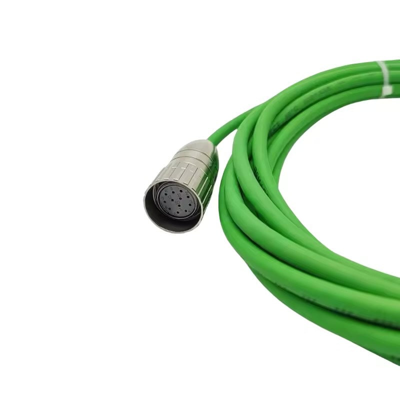 Industrial green servo encoder cable with a 17-pin M23 circular metal connector and a white latching drive connector.