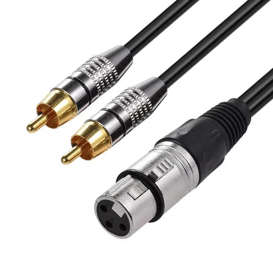 Shielded Y-splitter audio cable featuring one 3-pin XLR connector and two gold-plated RCA male plugs.