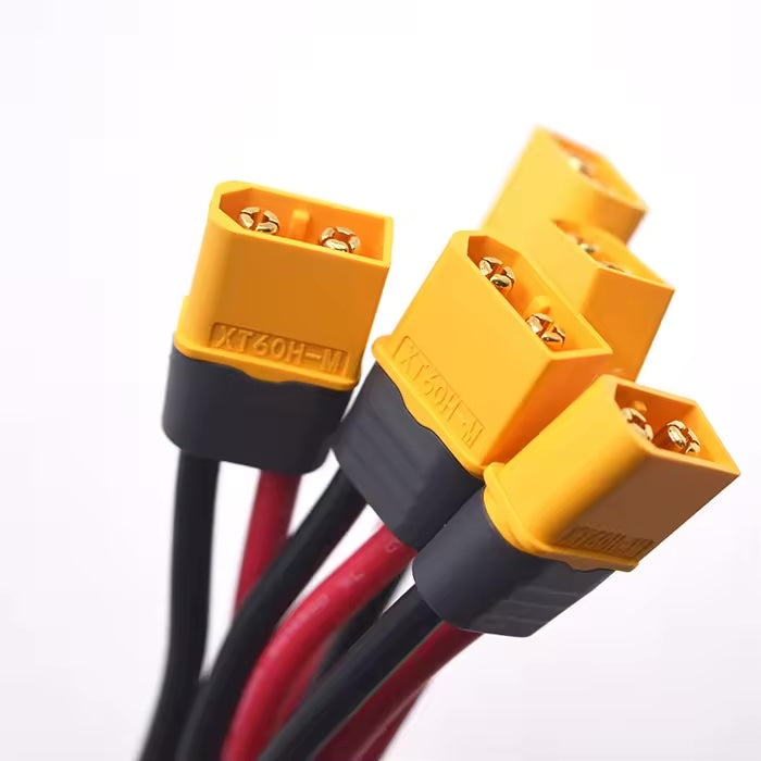 Close-up of XT60H Male connector soldered to UL3135 high-temp silicone wire for industrial battery packs.