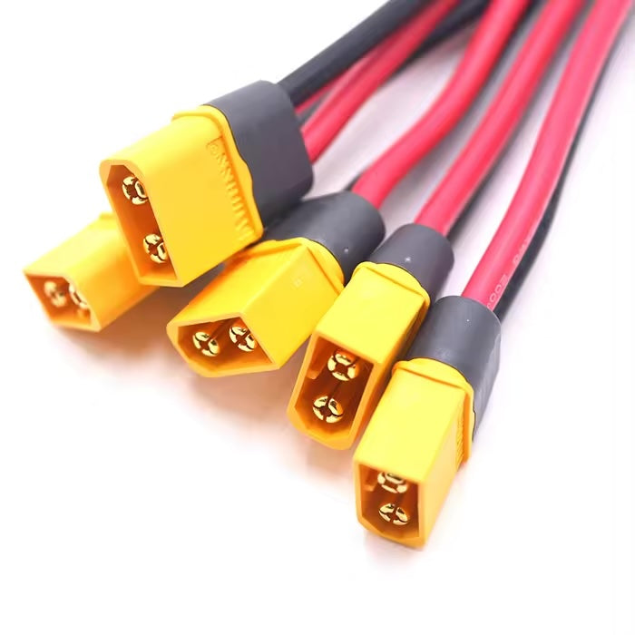 Engineering detail of XT60H Male wire harness showing integrated sheath and wire termination.