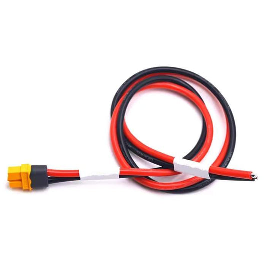 Technical view of XT60 Male to Female extension cable showing black and red silicone wire insulation.