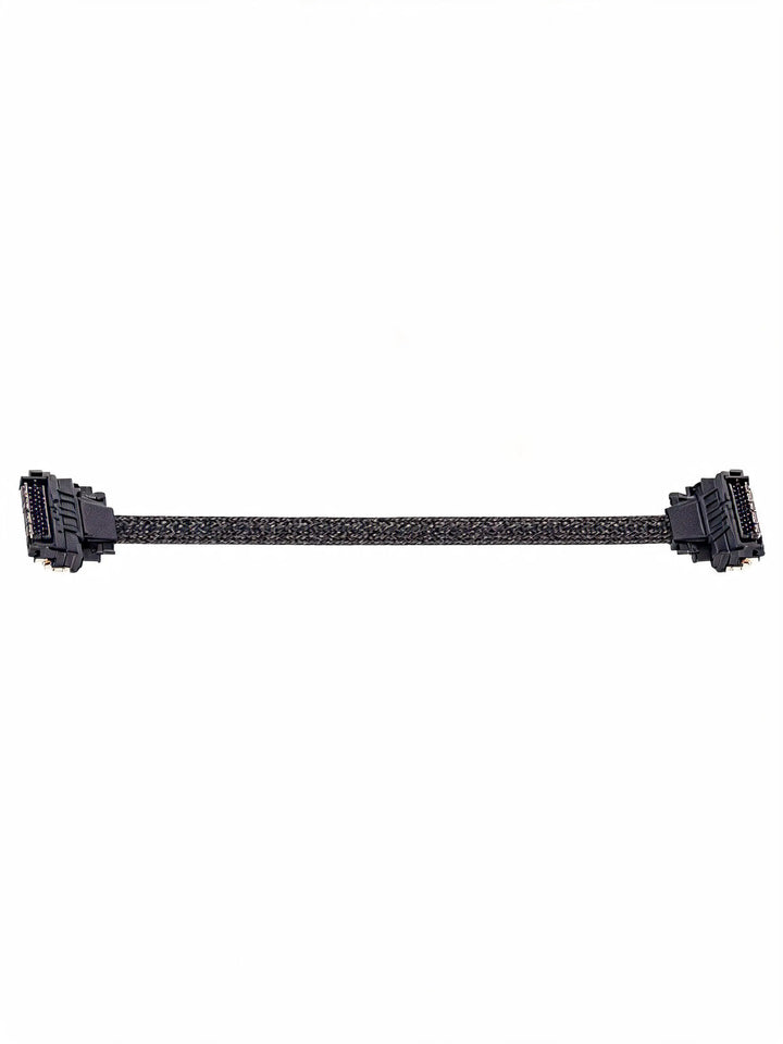 Black backplane twinax cable using samtec connectors on a white background