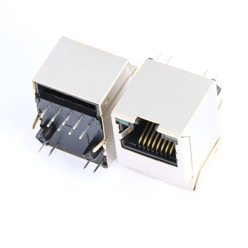 TWDK1828BFNL, 1000 Base Gigabit Vertical RJ45 Jack with Transformer Tab Up with Green/ Green Led - side view