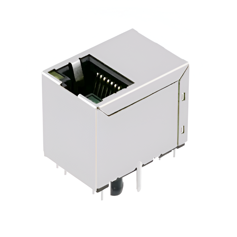 TWDK1945BDNL, 1000 Base Vertical RJ45 Modular Jack with Transformer Tab Up with Green/ Yellow&Green Led - side view