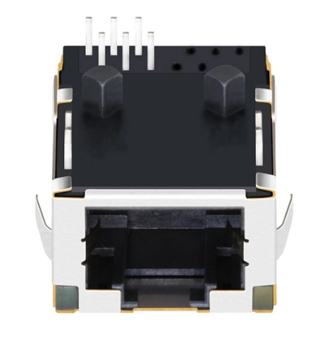 TWL8112AHNL, 100 Base Low-Profile RJ45 Modular Jack  with Transformer Tab Up with Green/ Yellow Led - front view