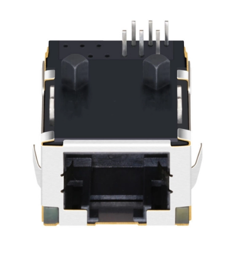 TWL8112AONL, 100 Base Low-Profile RJ45 Jack with Transformer Tab Up with Orange&Green/ Yellow Led - front view